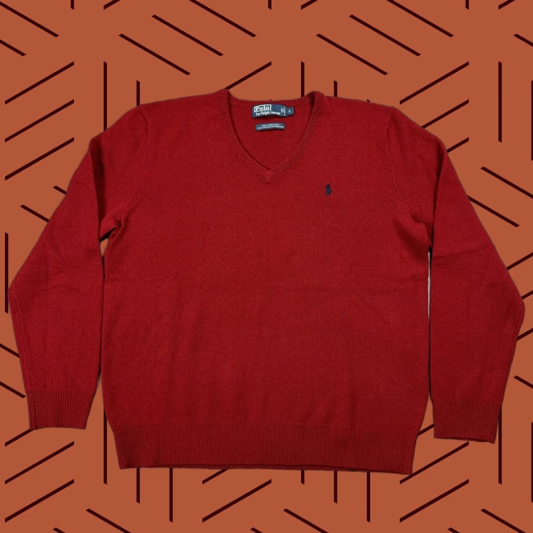 Polo Ralph Lauren VINTAGE Polo Ralph Lauren Lambswool V-Neck Pullover Sweater Mens Large Red 90s Size US L / EU 52-54 / 3 - 1 Thumbnail