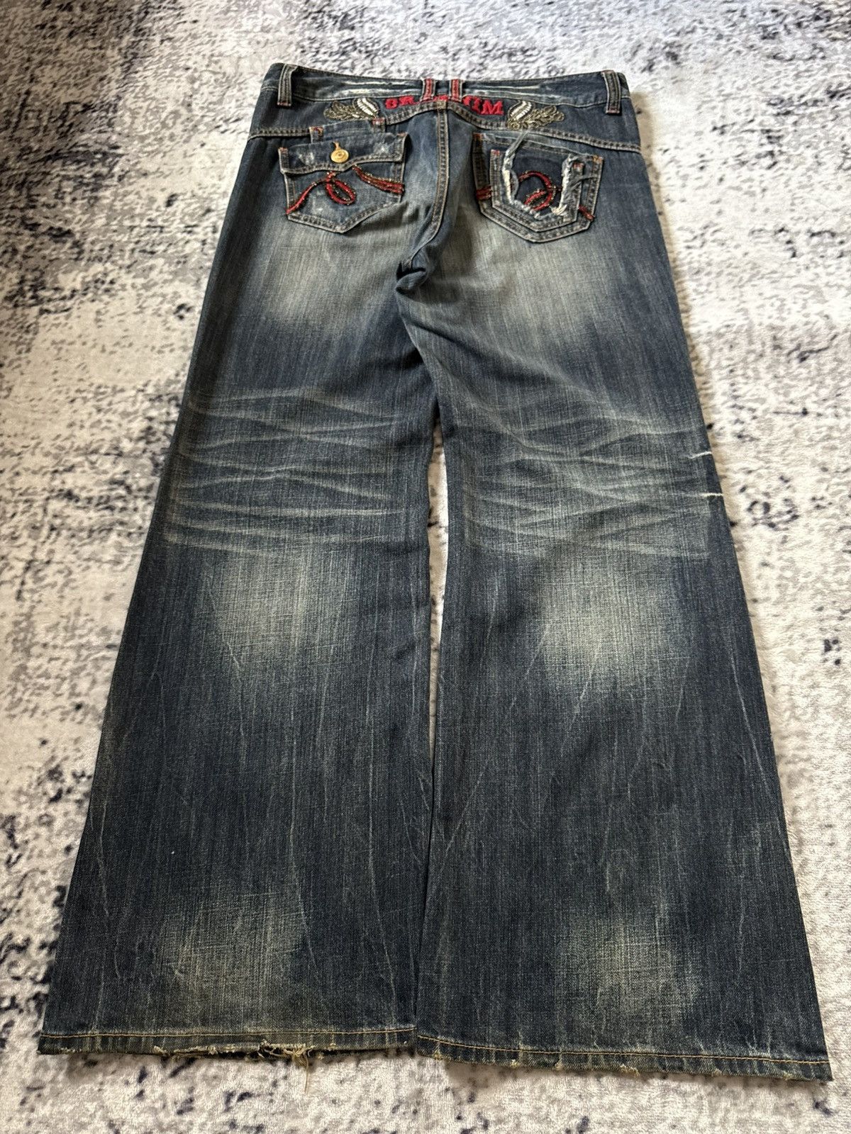 Japanese Brand Oririn Dr Denim Embroidered Flared Wide Leg Jeans Size US 34 / EU 50 - 1 Thumbnail