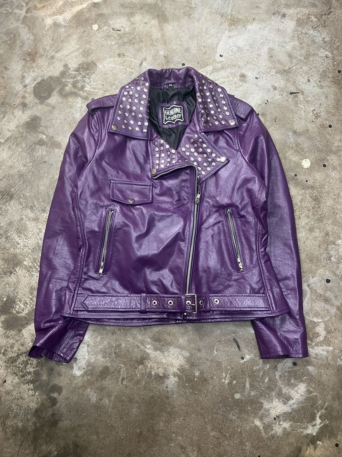 Genuine Leather × Playboi Carti × Vintage Studded Genuine Leather Purple Moto Jacket Size US S / EU 44-46 / 1 - 1 Thumbnail