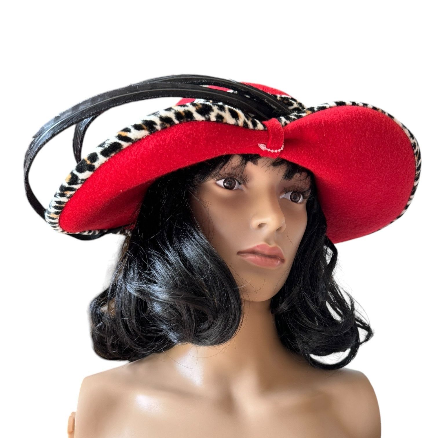 Vintage NWT 1960's Mr. John Classic Hat Red animal print feathers Size ONE SIZE - 7 Thumbnail
