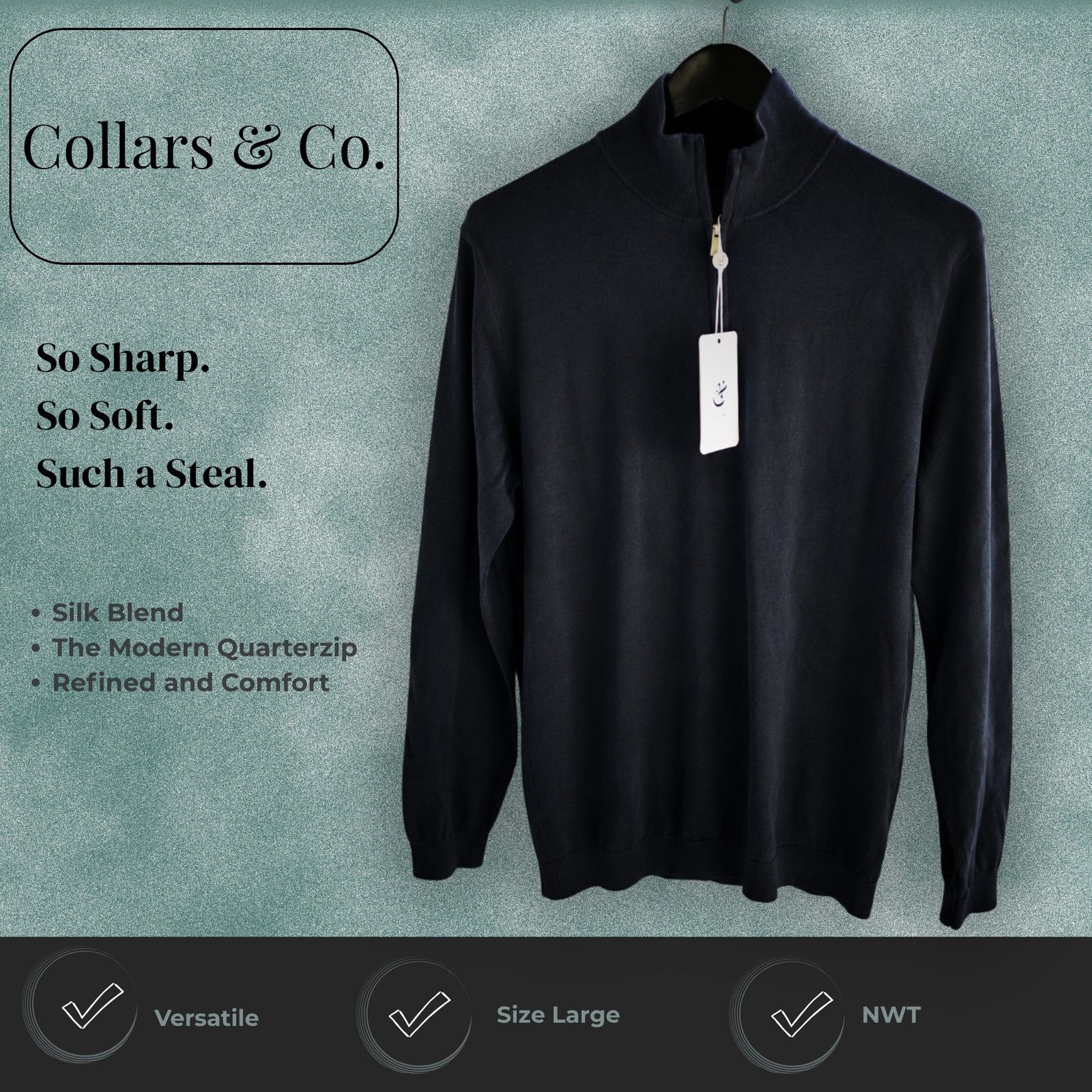 Other Collars & Co Black Silk Blend Quarter Zip Mens Large Size US L / EU 52-54 / 3 - 3 Thumbnail