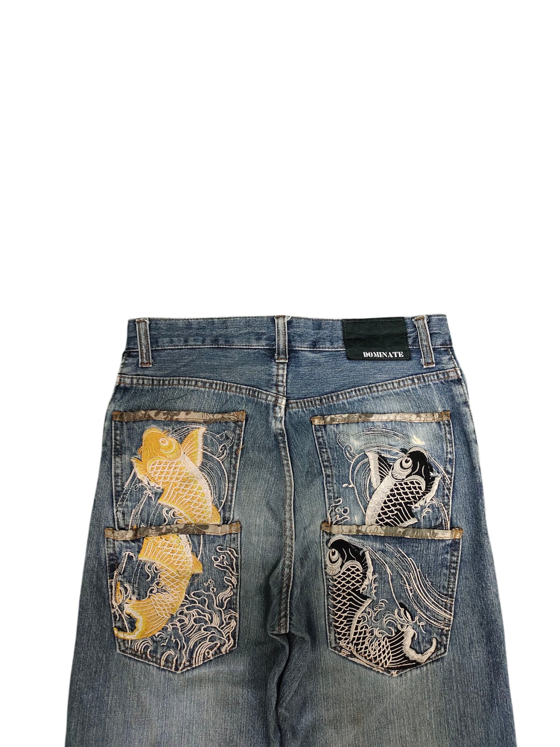 Karakuri Tamashii Japanese Brand Dominate Sukajan Koi Embroidered Denim Jeans Size US 31 - 2 Thumbnail