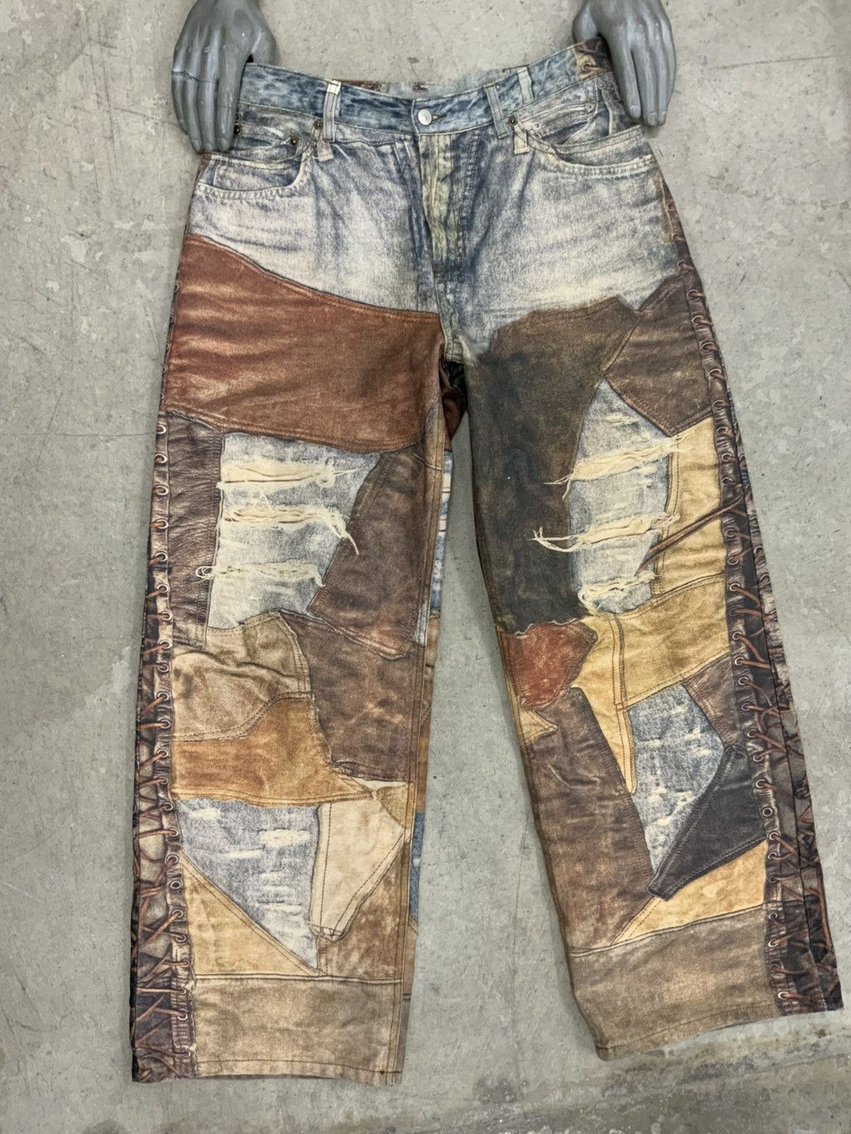 Acne Studios ACNE STUDIOS LEATHER PATCHWORK TROMPE LOEIL BAGGY WIDE JEANS Size US 30 / EU 46 - 1 Thumbnail