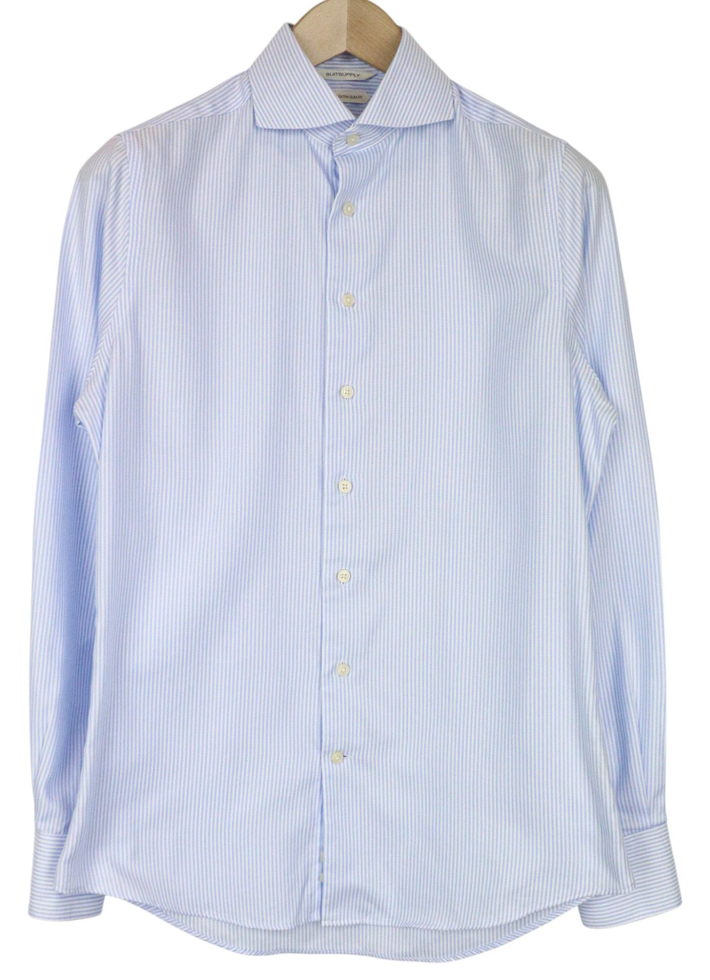 Suitsupply 38/15 Extra Slim Blue Cotton Striped Twill Shirt 78645 Size 38R - 1 Thumbnail