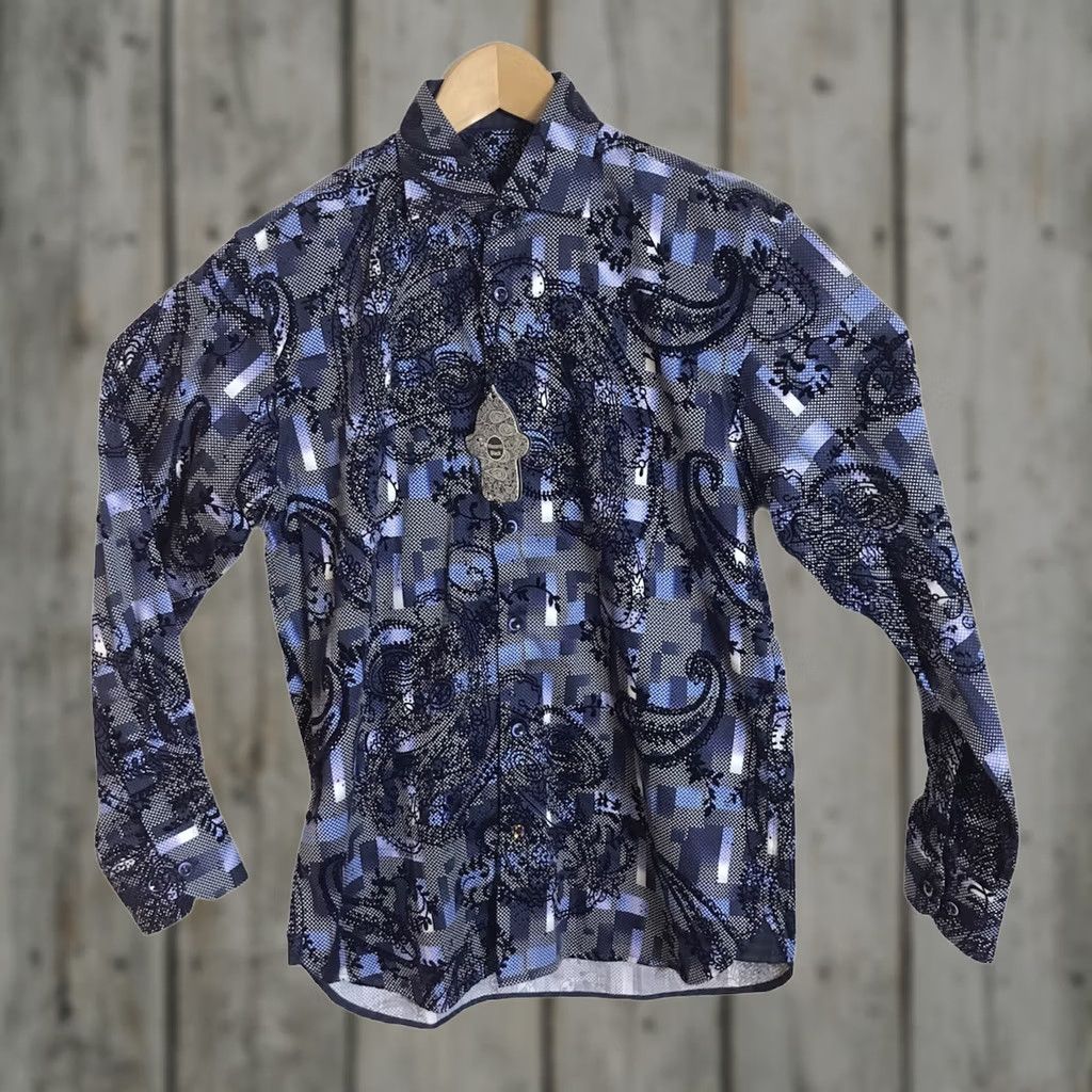 Vintage VISCONTI BLACK Shirt Mens Small FLOCKED Paisley Geometric LS Blue NEW Size US S / EU 44-46 / 1 - 1 Thumbnail