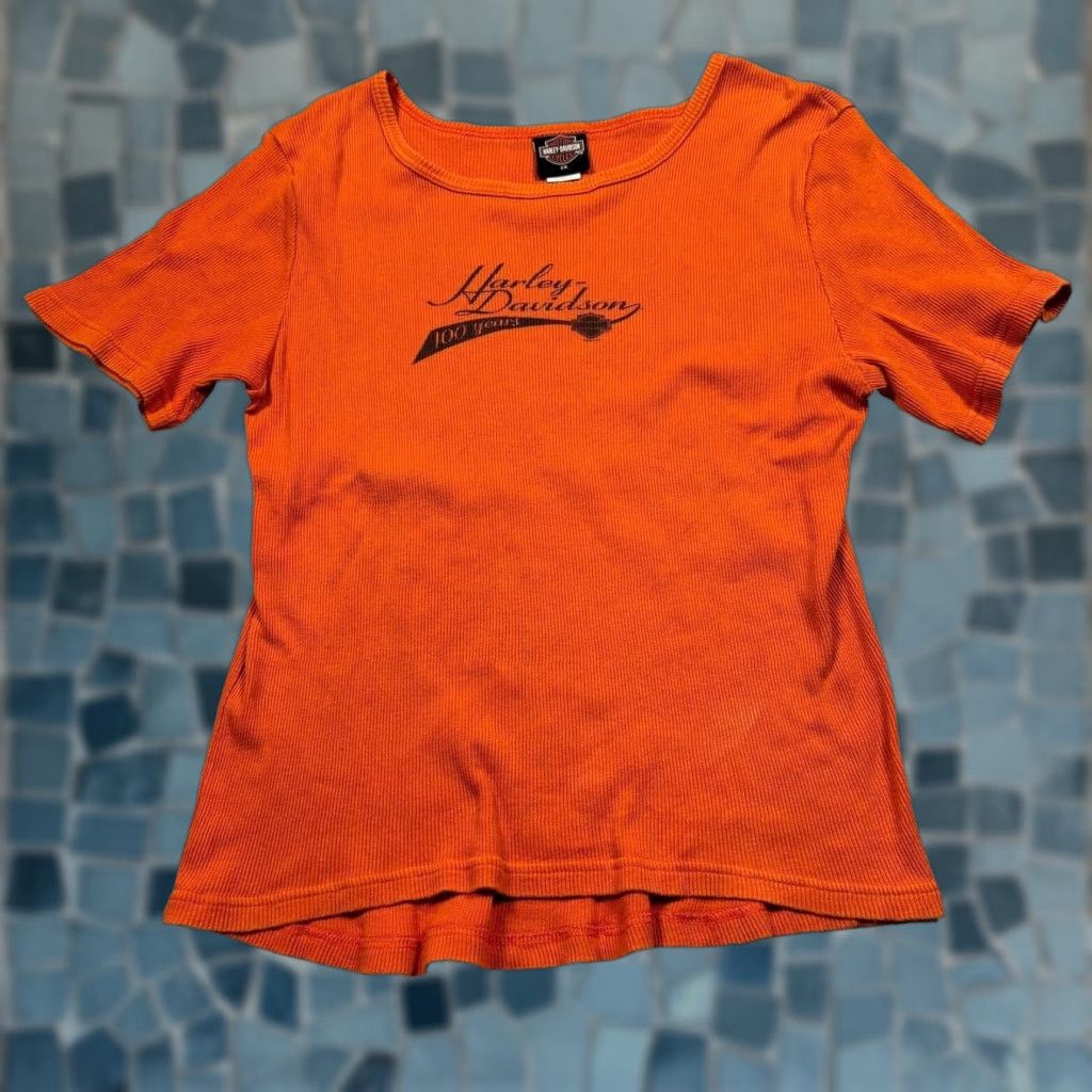 Harley Davidson VINTAGE Harley-Davidson Shirt Womens 2XL Orange Ribbed Short Sleeve T-Shirt Harley-Davidson Womens 2XL Orange Ribbed Short Sleeve Y2K USA Made Size XXL / US 16-18 / IT 52-54 - 1 Thumbnail