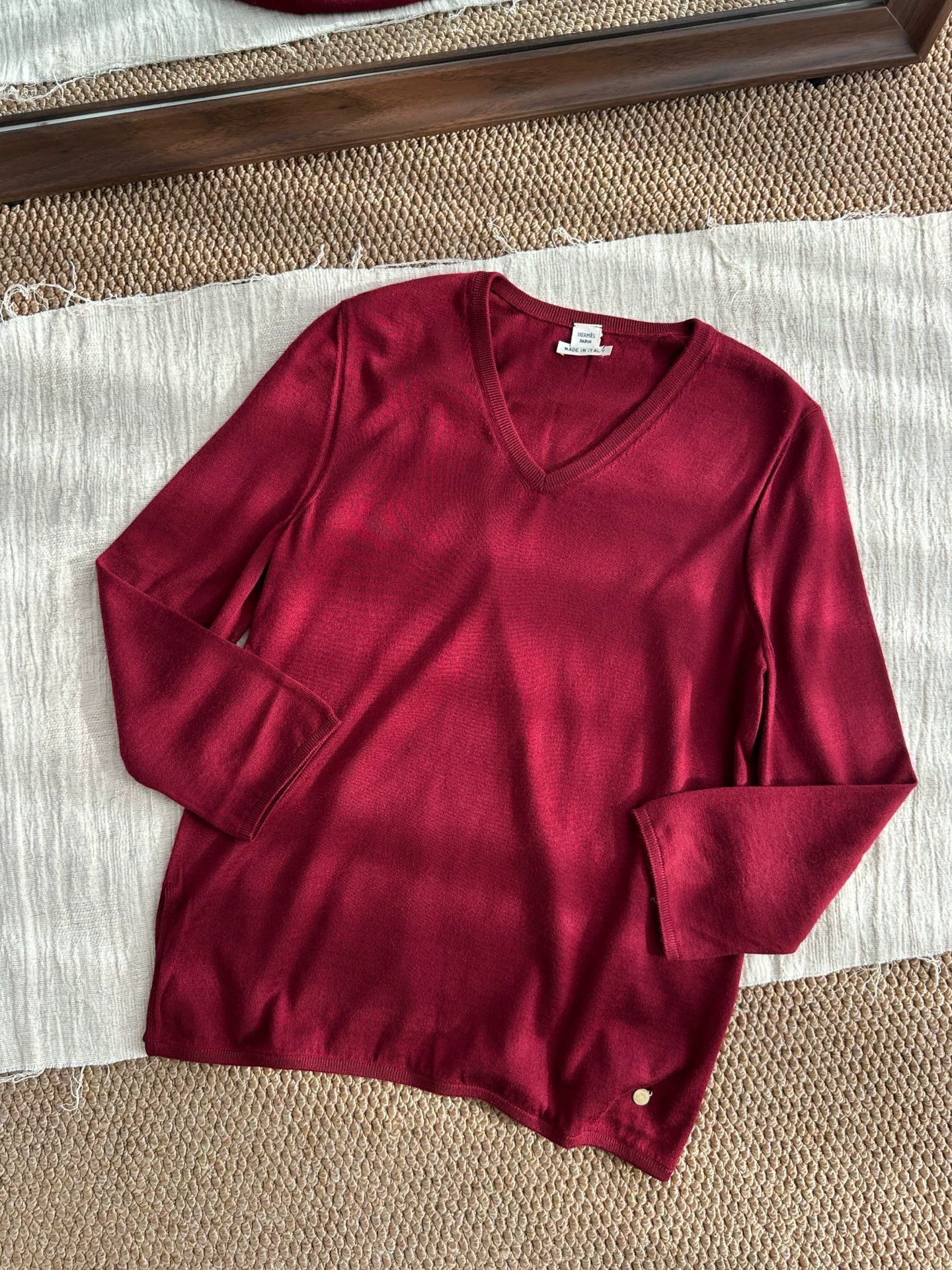 Hermes HERMES JPG V-neck cashmere knit top women's red Size S / US 4 / IT 40 - 2 Thumbnail