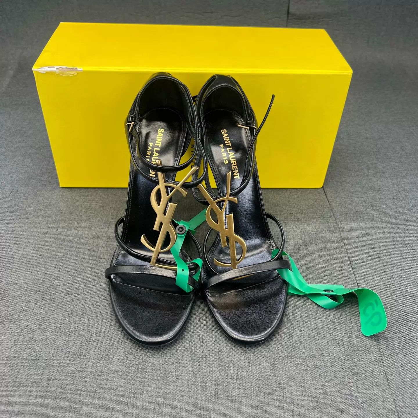 Yves Saint Laurent YSL Patent Leather High Heel Sandal Black Gold 39 Size US 8.5 / IT 38.5 - 5 Thumbnail