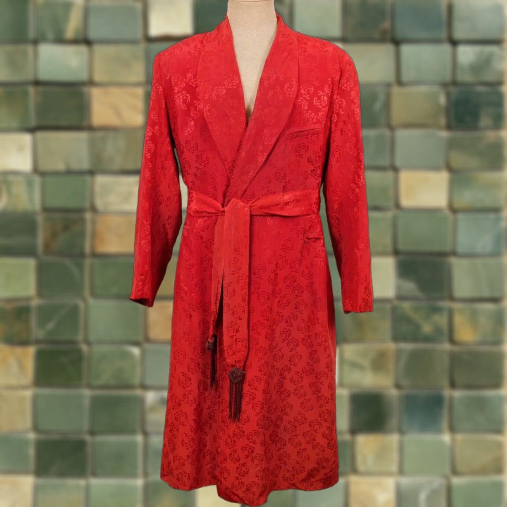 VTG 50s Robe / Smoking Jacket Mens Red Sz L 1950s Rayon Long