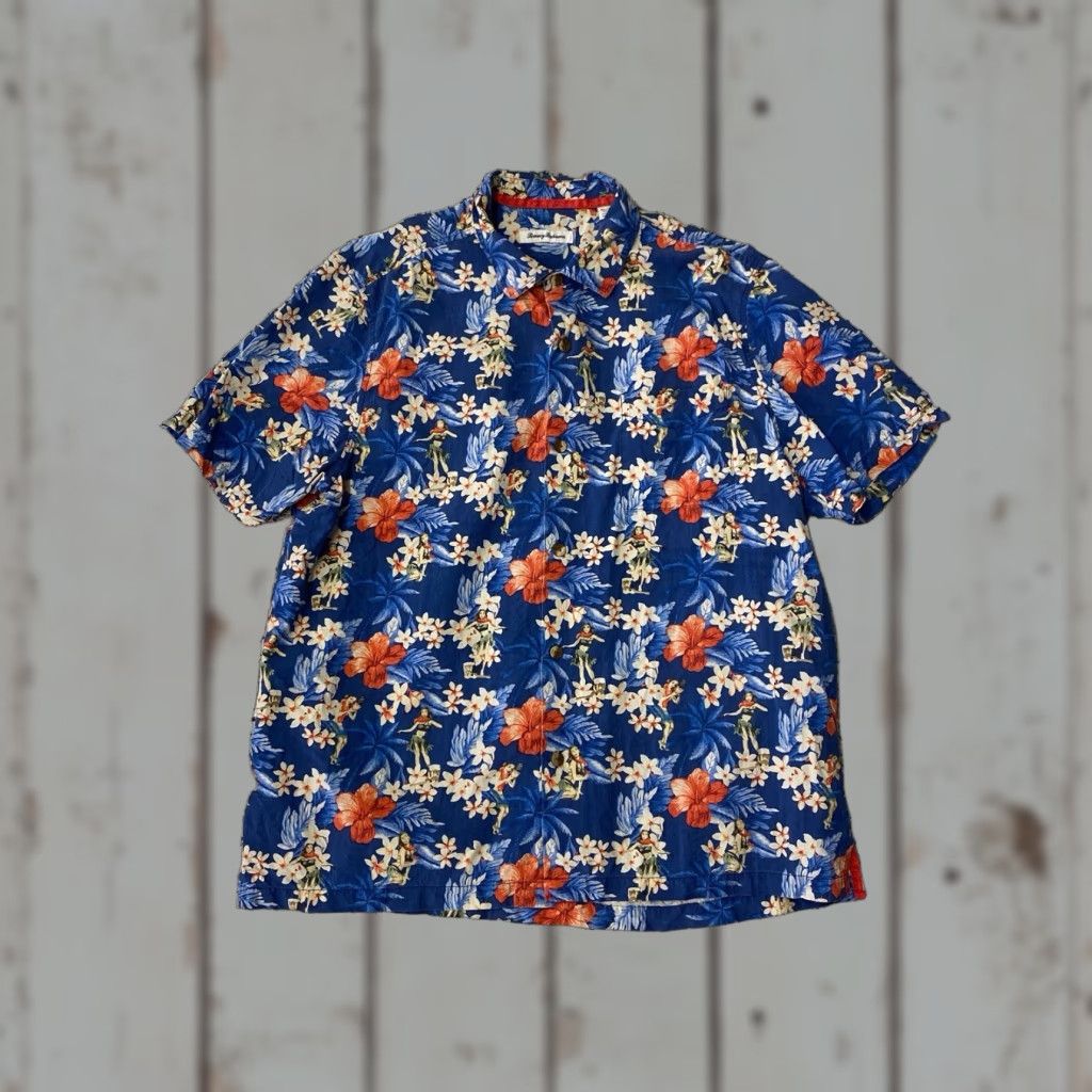 Tommy Bahama VINTAGE Tommy Bahama Hawaiian Shirt XL Silk Blue Floral Hula Girl Aloha Men Short Sleeve Button-Up 100% Silk (Floral) Size US XL / EU 56 / 4 - 1 Thumbnail