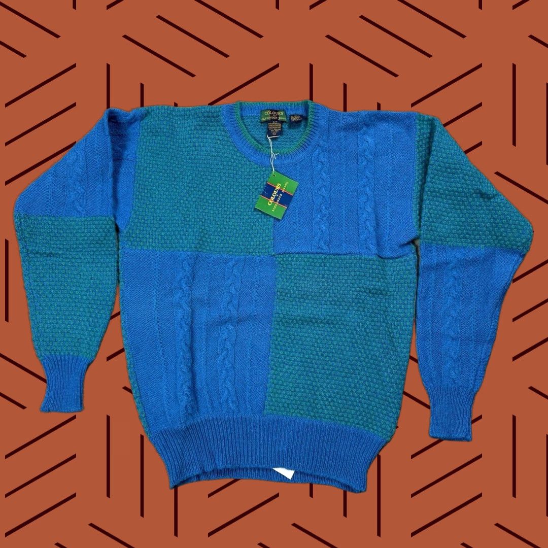 VINTAGE Alexander Julian Men's Sweater S ColorBlock Cable-Knit 90s Patchwork Multicolor Fall Winter