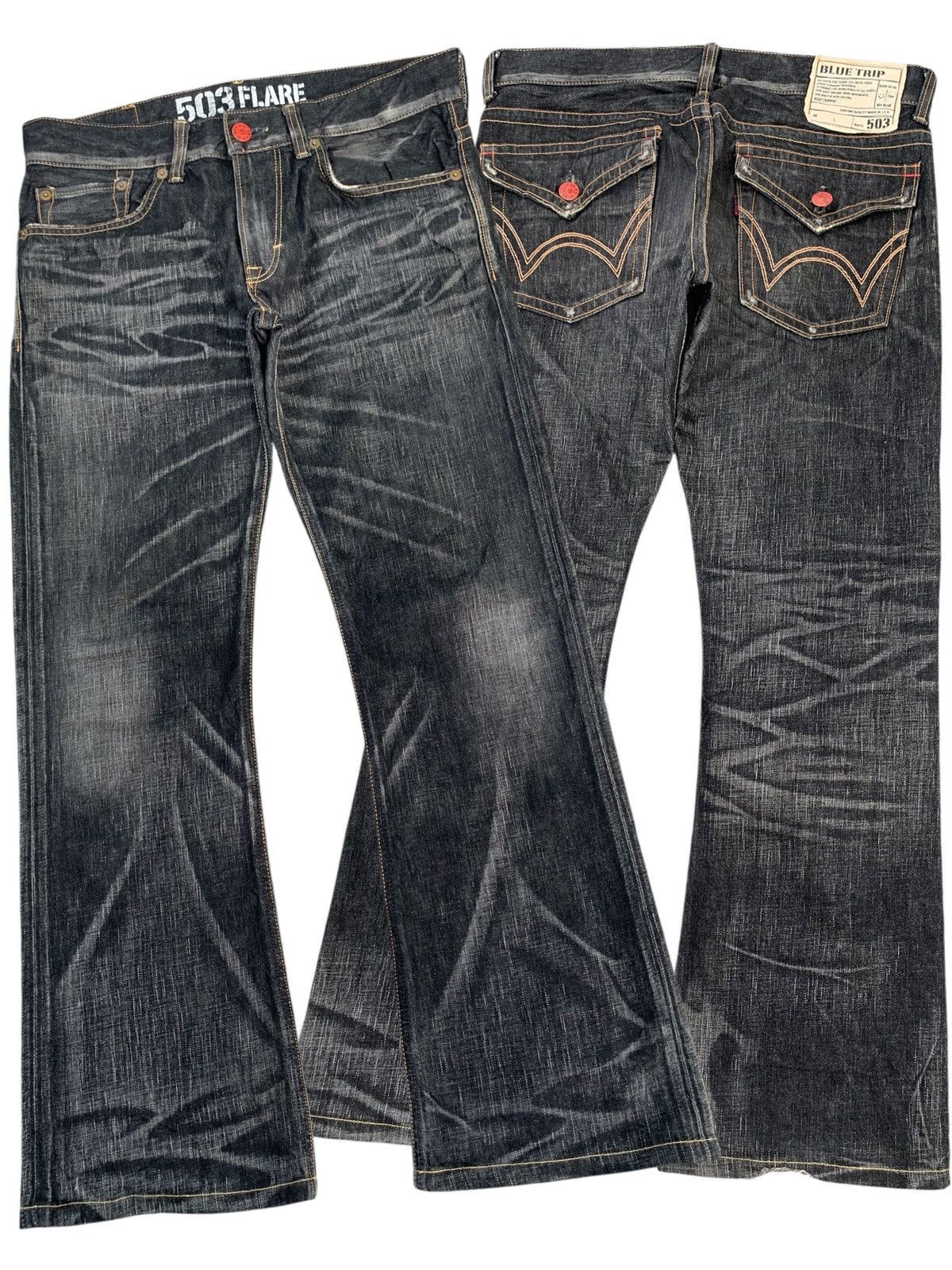 Edwin RARE💥EDWIN 503 FLARE BLUE TRIP CLAWNMARK MUDWASH DENIM Size US 35 - 1 Thumbnail