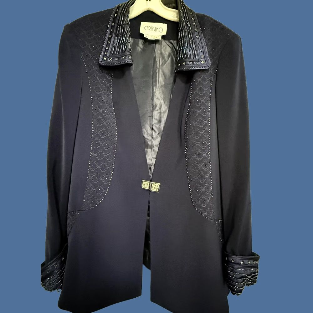 Vintage Carissimo Blazer Womens 14 Navy Beaded Tuxedo Shawl Collar Lined Formal Evening Size XL / US 12-14 / IT 48-50 - 1 Thumbnail
