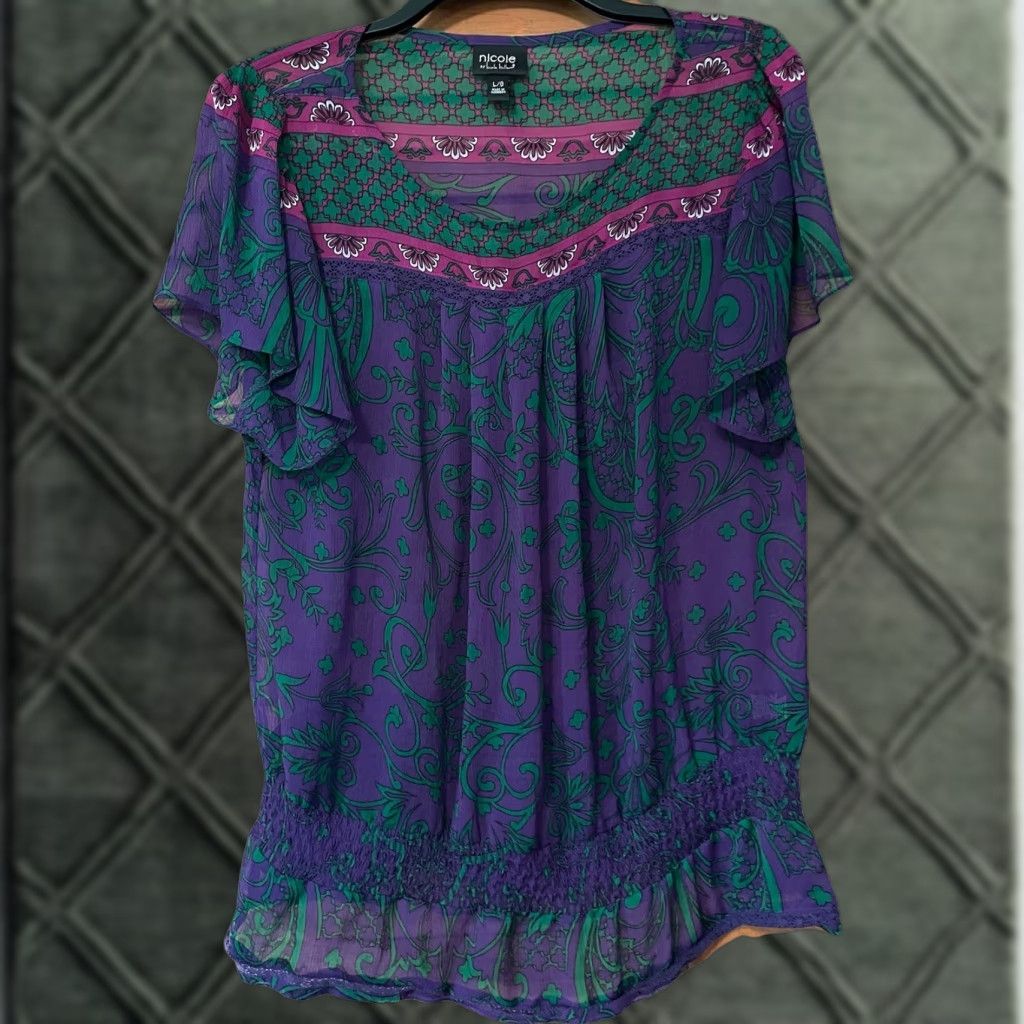 Nicole Miller Nicole Miller Blouse L Short Sleeve Sheer Purple Pink Green Boho Grunge Party Casual Womens Size L / US 10 / IT 46 - 1 Thumbnail