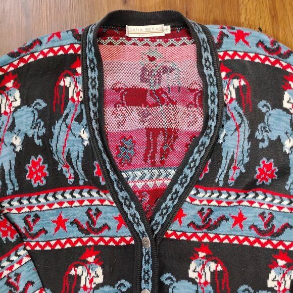 Vintage Delia McKain Cowboy Rodeo Novelty Cardigan Sweater