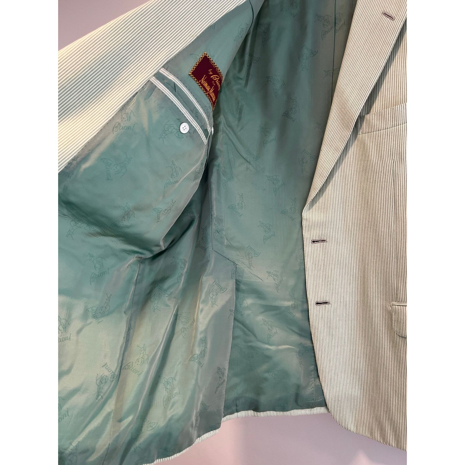 Brioni Brioni Cashmere & Silk Green White Pinstripe Suit Jacket 46R Size 46R - 4 Thumbnail