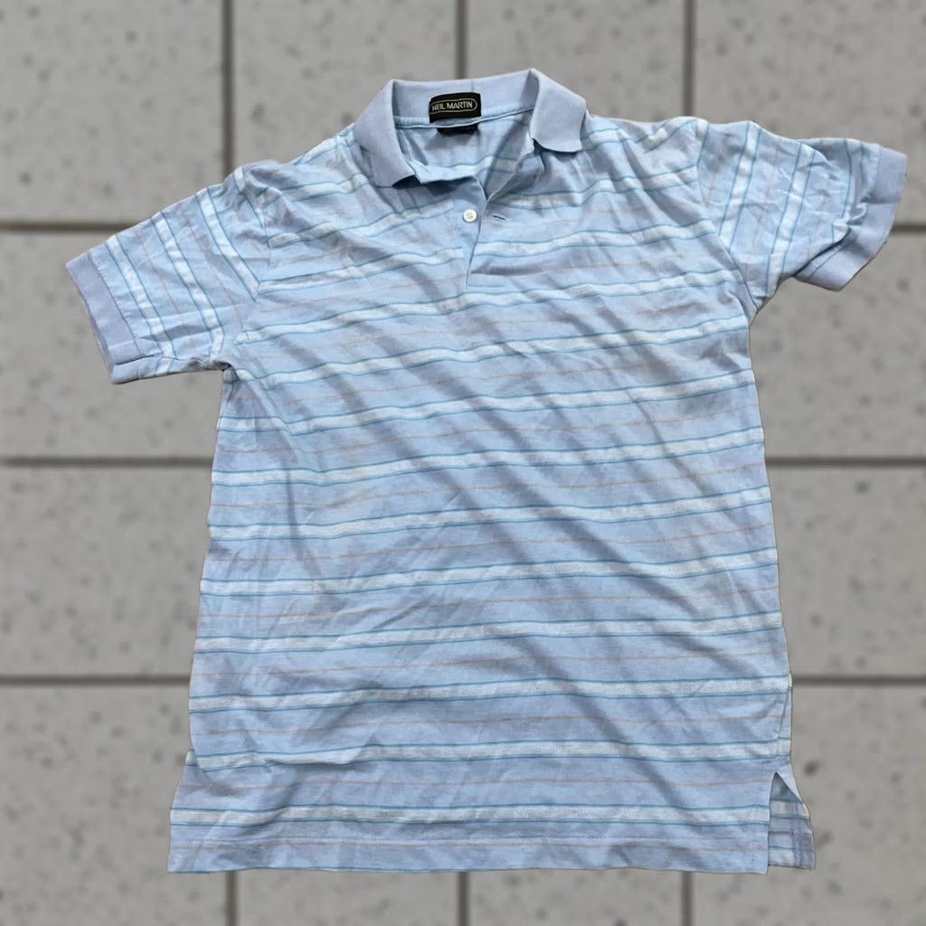 Vintage NEIL MARTIN Polo Shirt Men M Blue Made In Japan Preppy Retro Golf Spread Collar Short Sleeve Striped Pattern Size US M / EU 48-50 / 2 - 1 Thumbnail