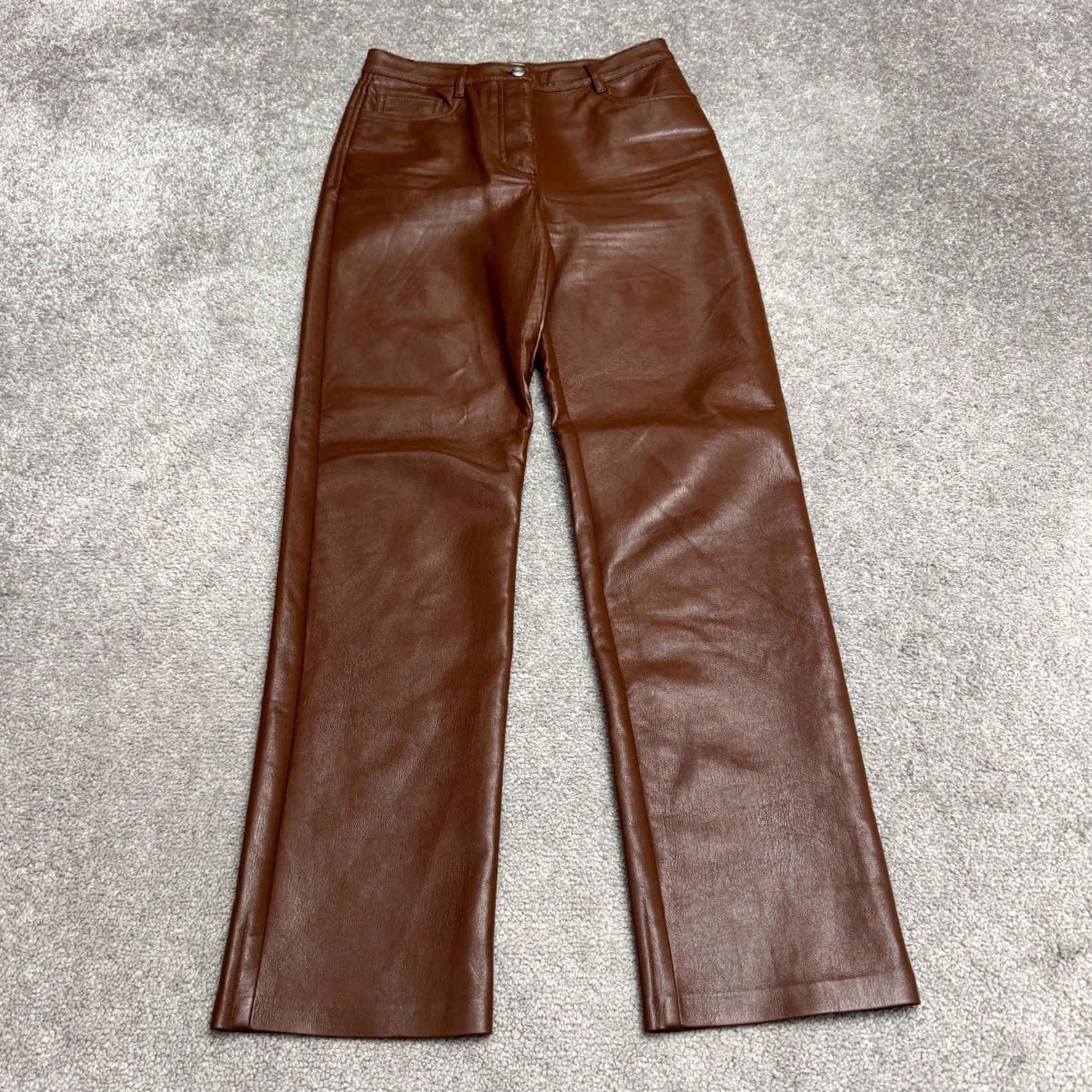 Vintage Wilfred Melina Faux Leather Straight Leg Pants Womens 2 Brown 26in Waist 28in Inseam Button Zip Front Flat Front Dress Pants Size 26" / US 2 / IT 38 - 2 Thumbnail
