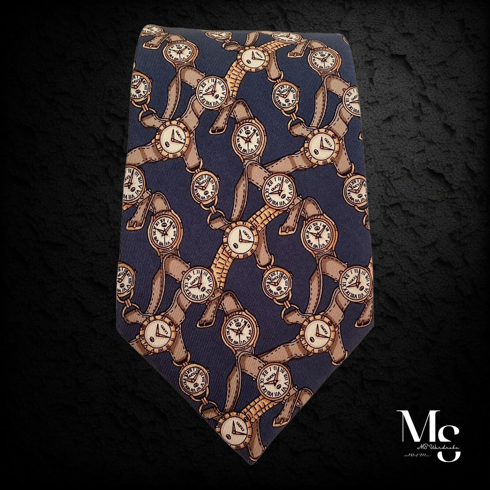 Gucci GUCCI Blue Watches Print Silk Tie Made In Italy W: 3.7" EC Size ONE SIZE - 6 Thumbnail