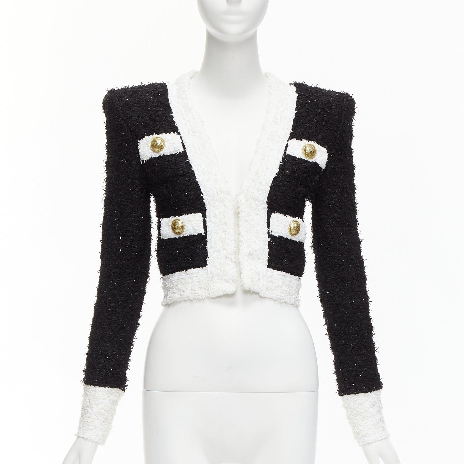 image of Balmain Black White Metallic Tweed 4 Pockets Cropped Blazer Jacket Fr34 Xs, Women's