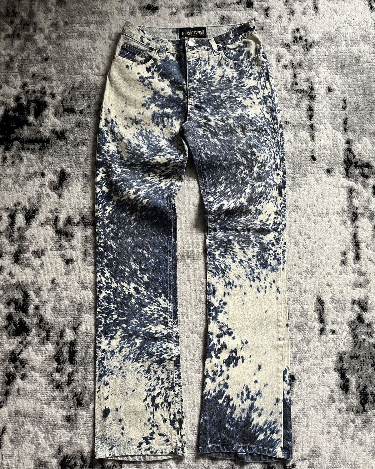 image of Archival Clothing x Roberto Cavalli Fw1999 Roberto Cavalli Furry Cowprint Movement Pants in Blue, W