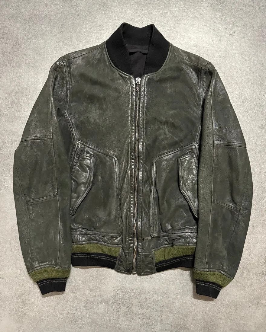 Designer × Diesel × Vintage 2000s Diesel Olive Biker Eroded Polished Leather Jacket Size US M / EU 48-50 / 2 - 1 Thumbnail