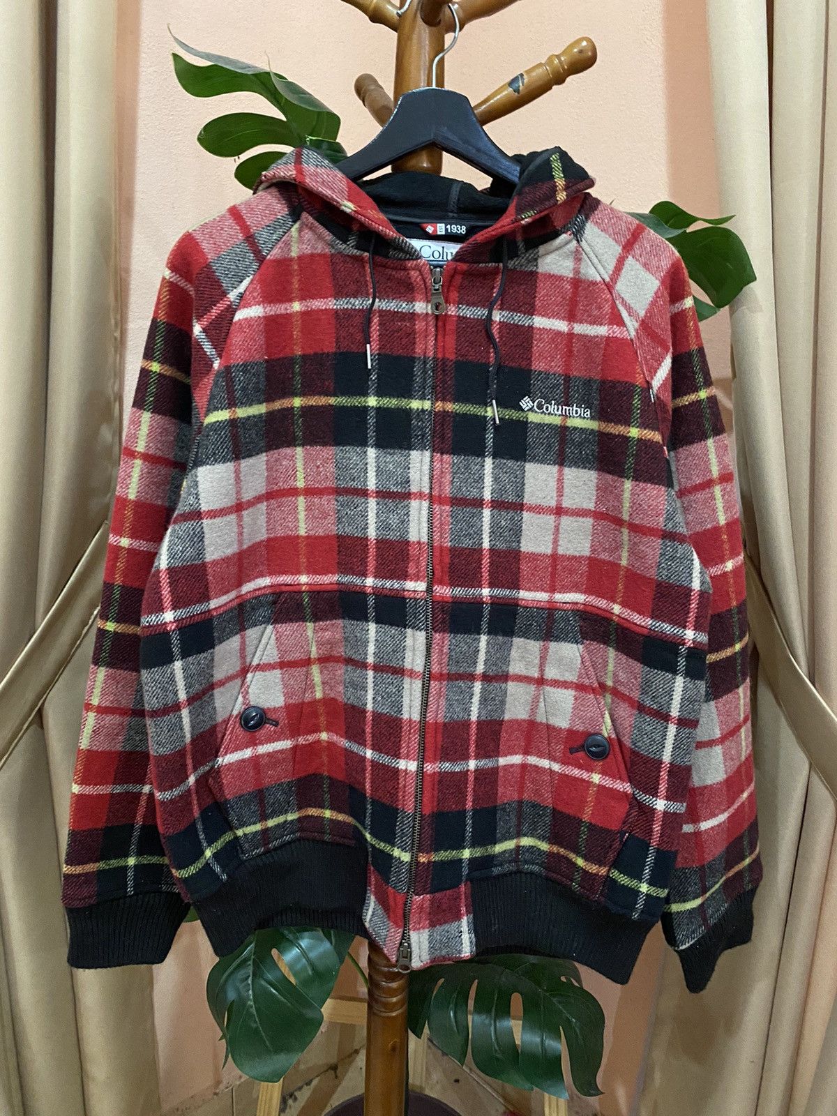 Columbia Sportswear Red Plaid Wool Blend Hoodie Jacket