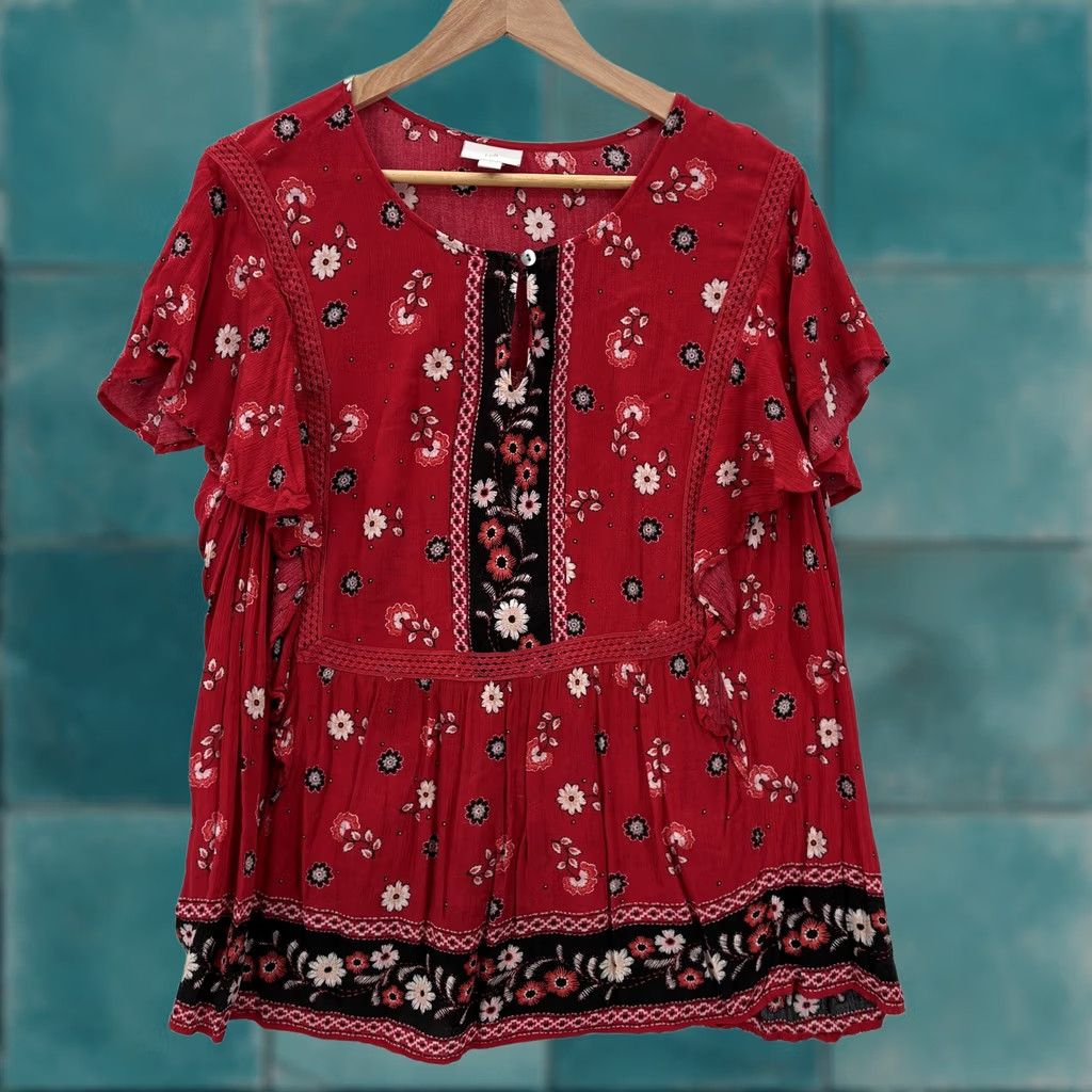 J. Jill J Jill Shirt Womens 2X Red Floral Boho Peasant Top Blouse Rayon Lace Print Y2K Size XXL / US 16-18 / IT 52-54 - 1 Thumbnail