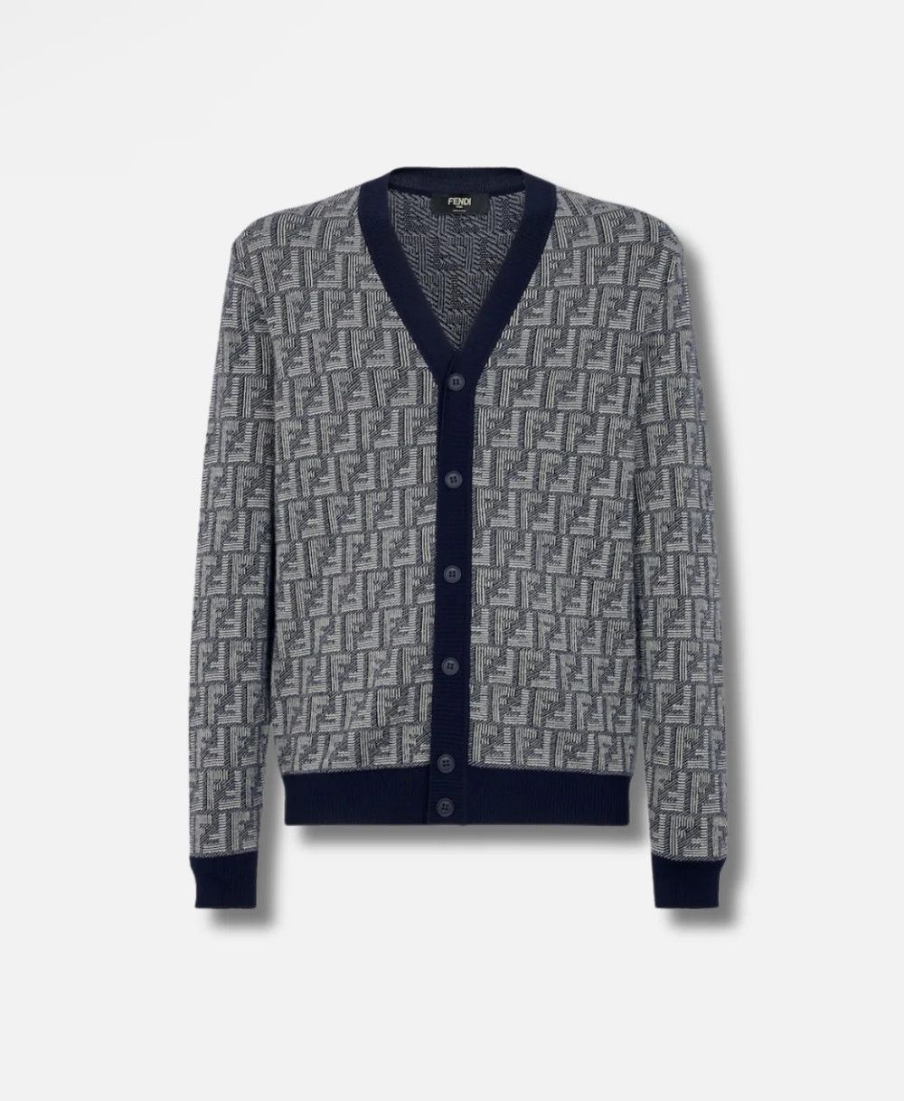 o1s1wg111224 FF-Monogram Wool Cardigan in Blue & Grey