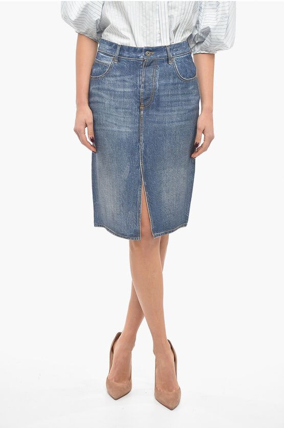 image of Bottega Veneta Crepe Denim Effect Mni Skirt With Front Slit in Blue, Women's (Size 26)