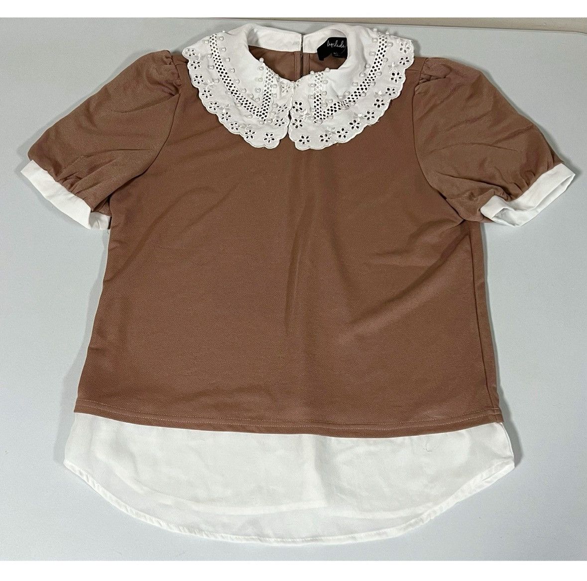 Vintage Lipslide Pearl Beaded Collared Layered Top Blouse Size S 🤎✨ Size S / US 4 / IT 40 - 1 Thumbnail