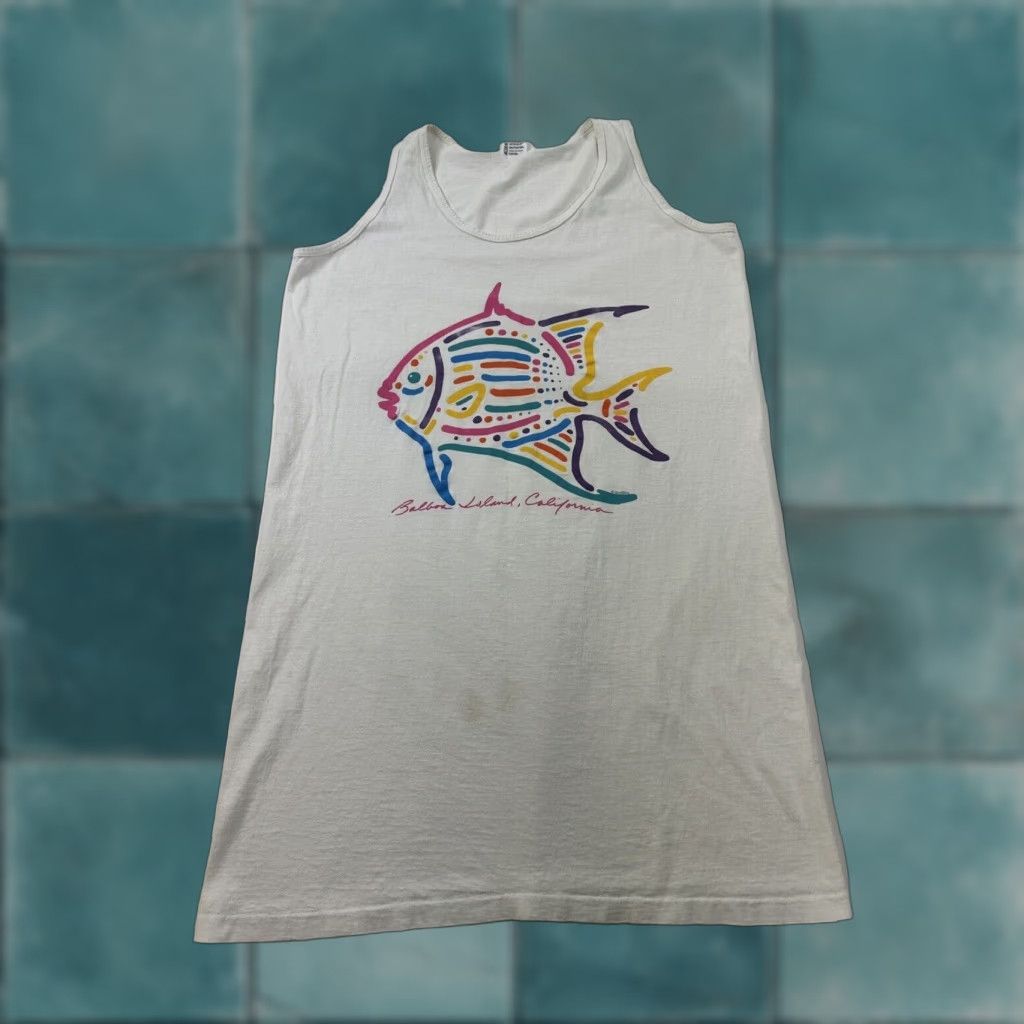 Anvil Balboa Island California Shirt Unisex Adults One Size White Tank Top Sleeveless Made In USA Fish Pattern Cotton T-Shirt Size US M / EU 48-50 / 2 - 1 Thumbnail