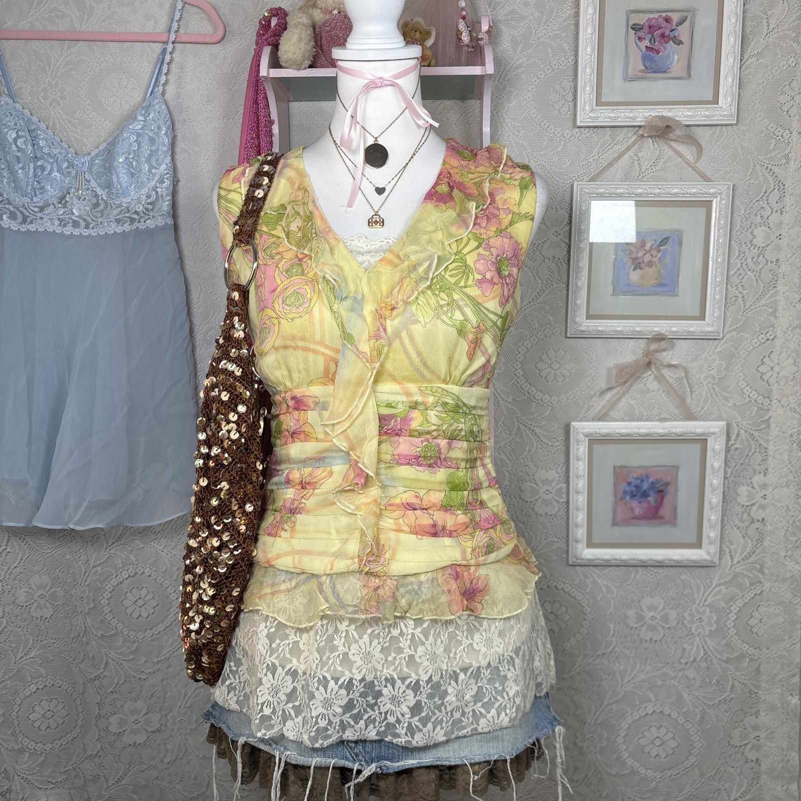Other vintage fairy core ruffle floral silk top Size M / US 6-8 / IT 42-44 - 3 Thumbnail