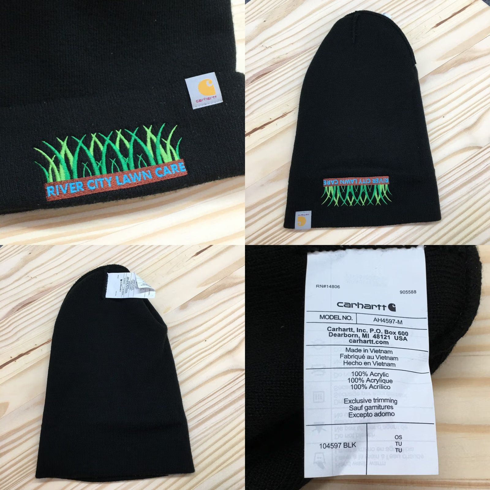 Carhartt Carhartt Beanie Hat Mens One Size Black Embroidered Logo River City Lawn Care Knit Cap Size ONE SIZE - 8 Thumbnail