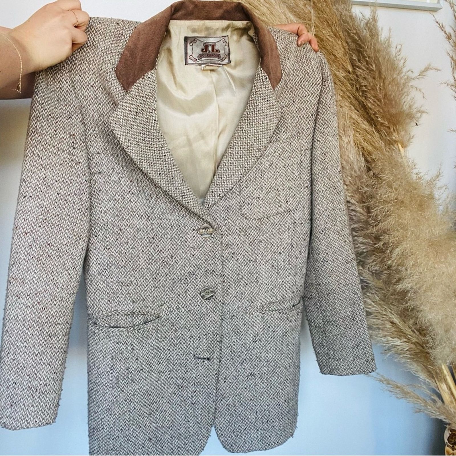 Vintage VINTAGE Cream White Brown Suede Tweed Blazer Button Jacket Size S / US 4 / IT 40 - 3 Thumbnail
