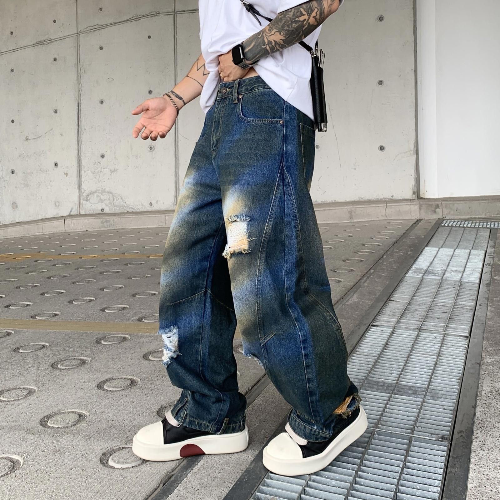 Japanese Brand Distressed Blue and Brown Wide Leg Denim Jeans, Baggy Fit Size US 28 / EU 44 - 2 Thumbnail