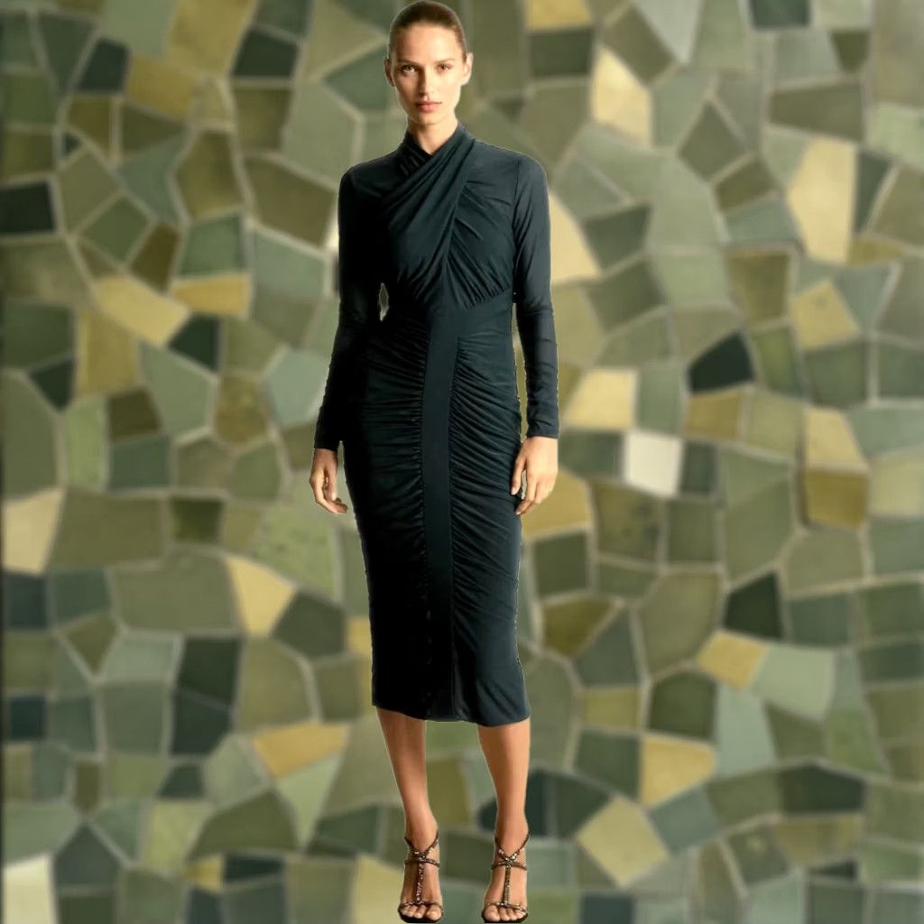 Reiss REISS Myla Dress Bodycon Midi NWT Size 2 Green Teal Stretch Long Sleeve High Neck Back Zip Modern Classic Women Size XS / US 0-2 / IT 36-38 - 1 Thumbnail