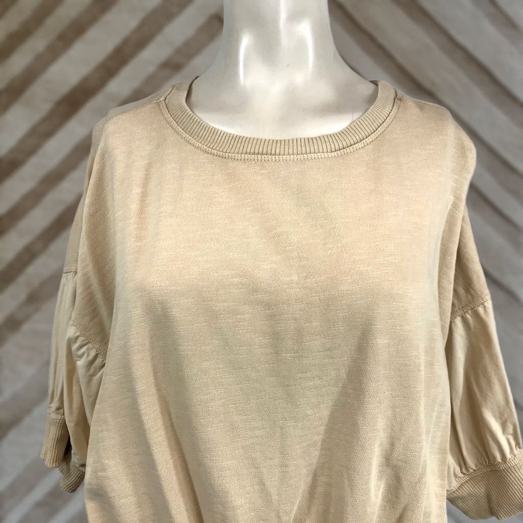 Vintage Pilcro and the Letterpress Sweatshirt M Beige Puff Sleeve Crew Neck Bubble Hem Knit Mixed Media Casual Womens Size M / US 6-8 / IT 42-44 - 1 Thumbnail