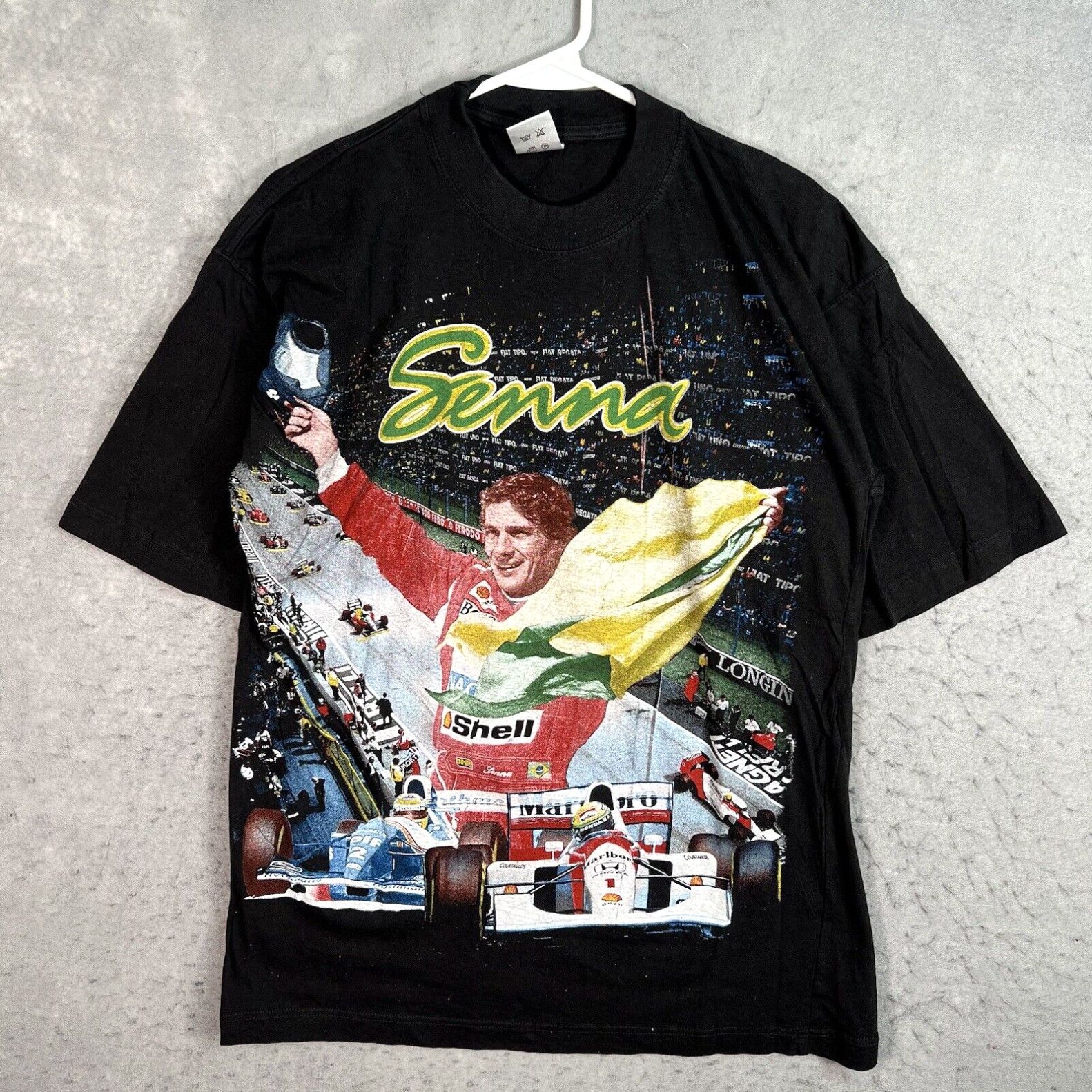 image of Vintage 90's Ayrton Senna Formula 1 Racing Aop T Shirt Adult XL Black Mens in White