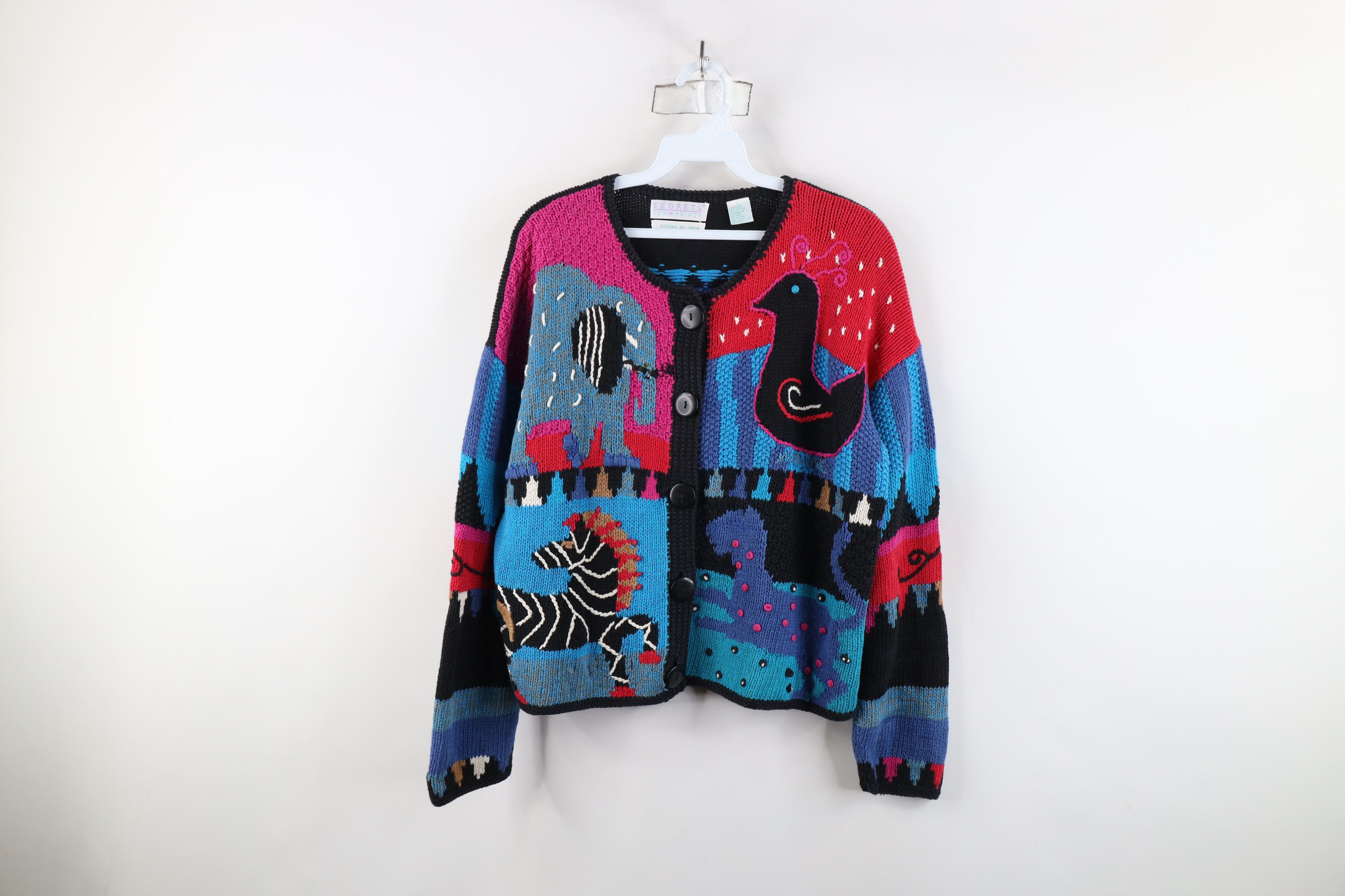 Vintage Vintage 90s Streetwear Animal Hand Knit Cardigan Sweater Size L / US 10 / IT 46 - 1 Thumbnail