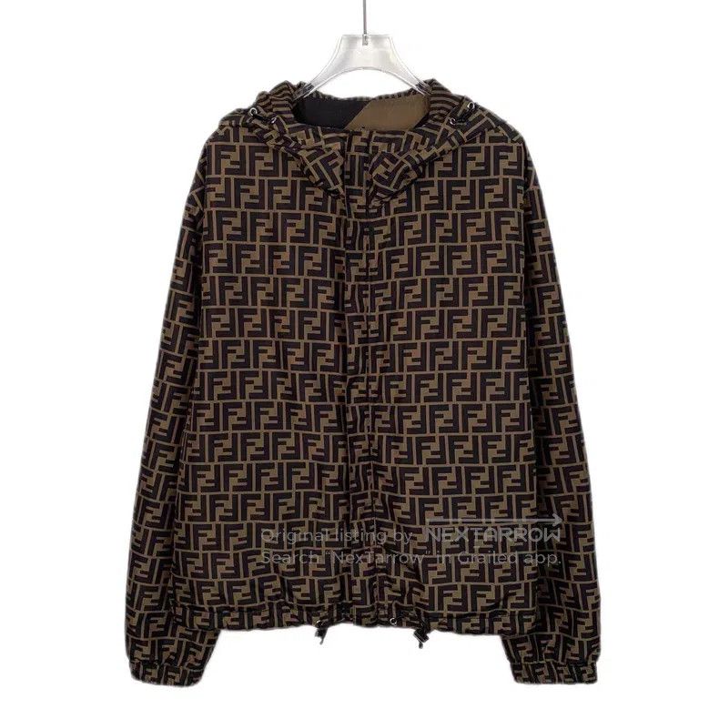 Fendi Dark Brown Logo Monogram Printed Hooded Zip-Up Long