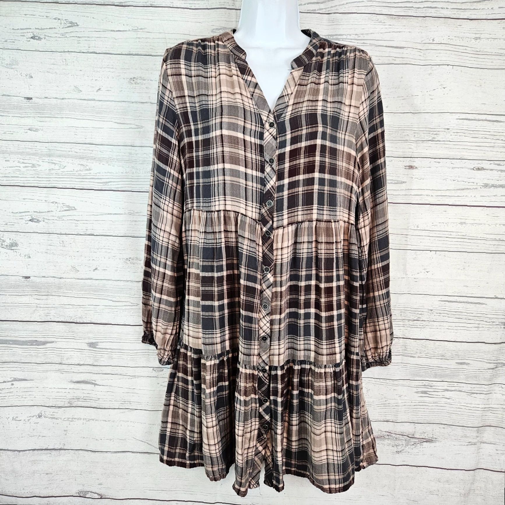 Vintage Knox Rose Womens Shirt Dress Sz M Pink Gray Plaid Long Sleeve Button Up Rayon Size M / US 6-8 / IT 42-44 - 2 Thumbnail