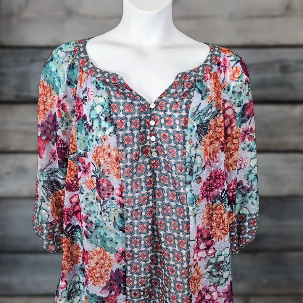 Pinko Fig & Flower Women Top 2X Pink Teal Floral 3/4 Sleeve Sheer Blouse Shirt Womens Plus Size Size XXL / US 16-18 / IT 52-54 - 1 Thumbnail