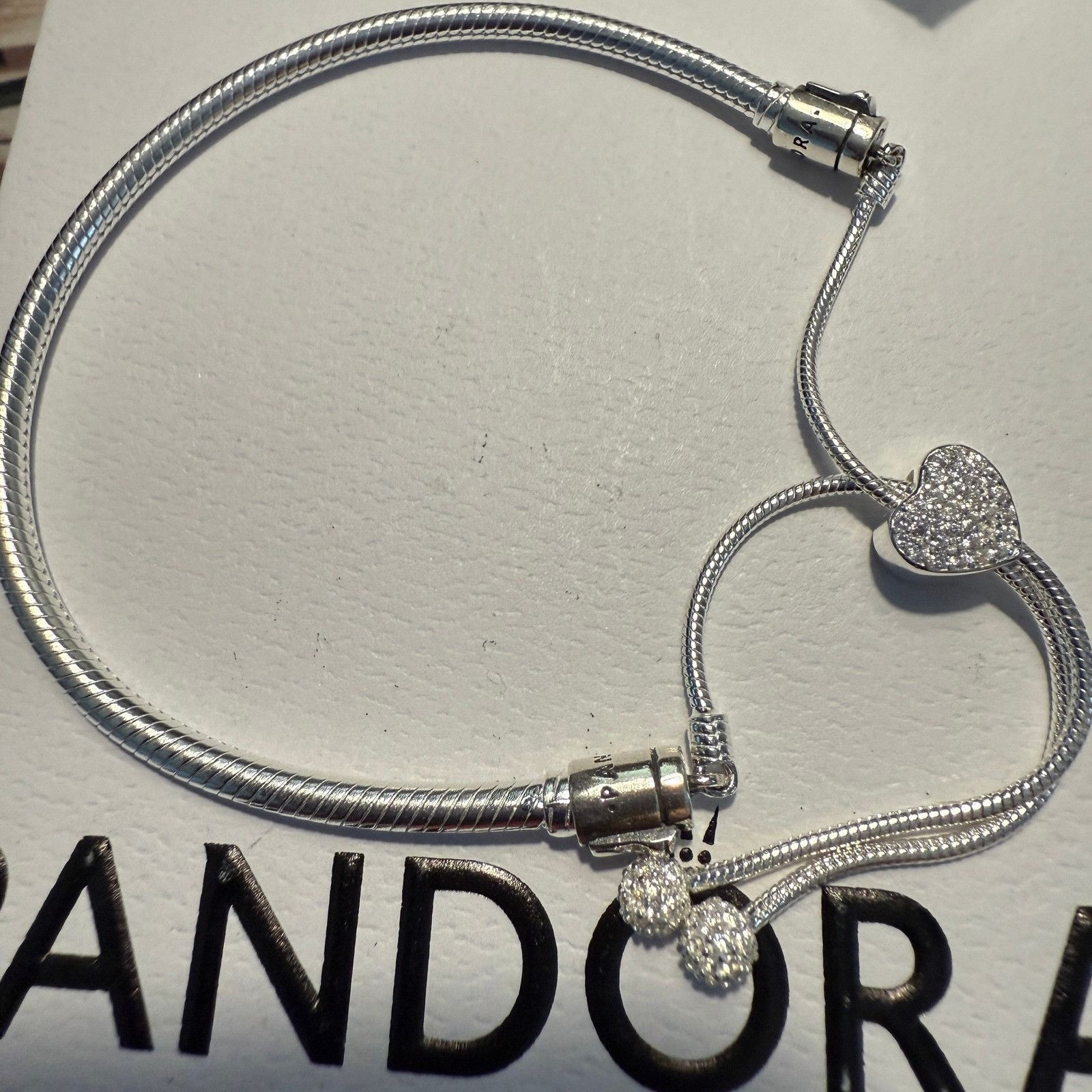 pandora Authentic Pandora Silver Sparkling Pave Heart Slider Bracele Size ONE SIZE - 3 Thumbnail