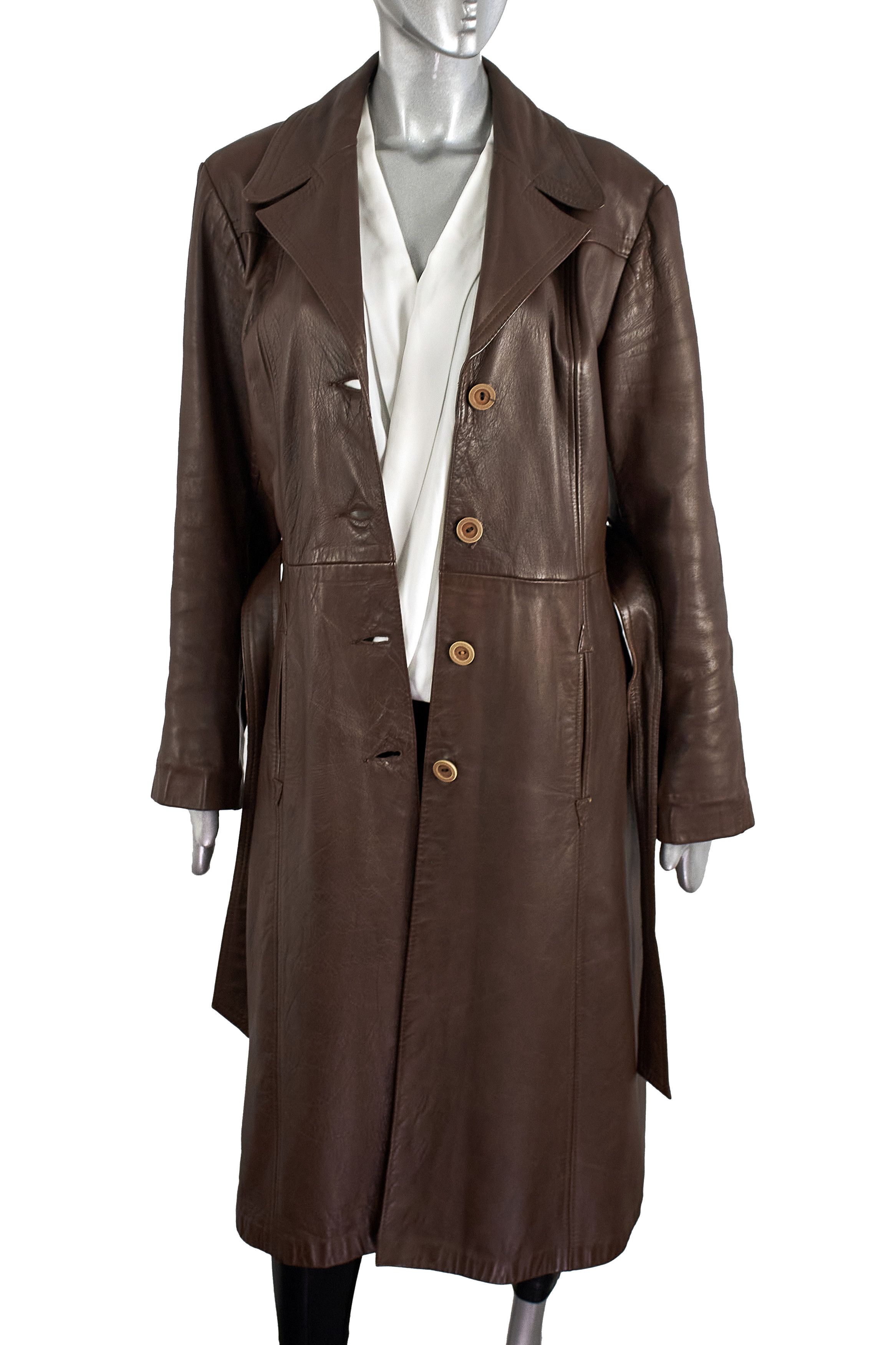 C&A Vintage 90s Brown Belted Leather Coat Trench Made in England Size M / US 6-8 / IT 42-44 - 4 Thumbnail