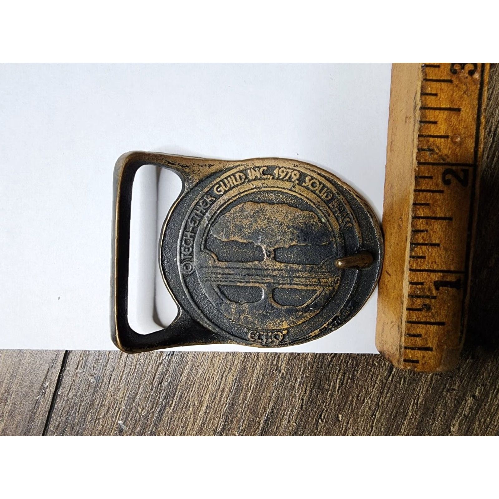VINTAGE Tech Ether Solid Brass Belt Buckle Rainbow Forest Trees Hippie Multicolor Mens