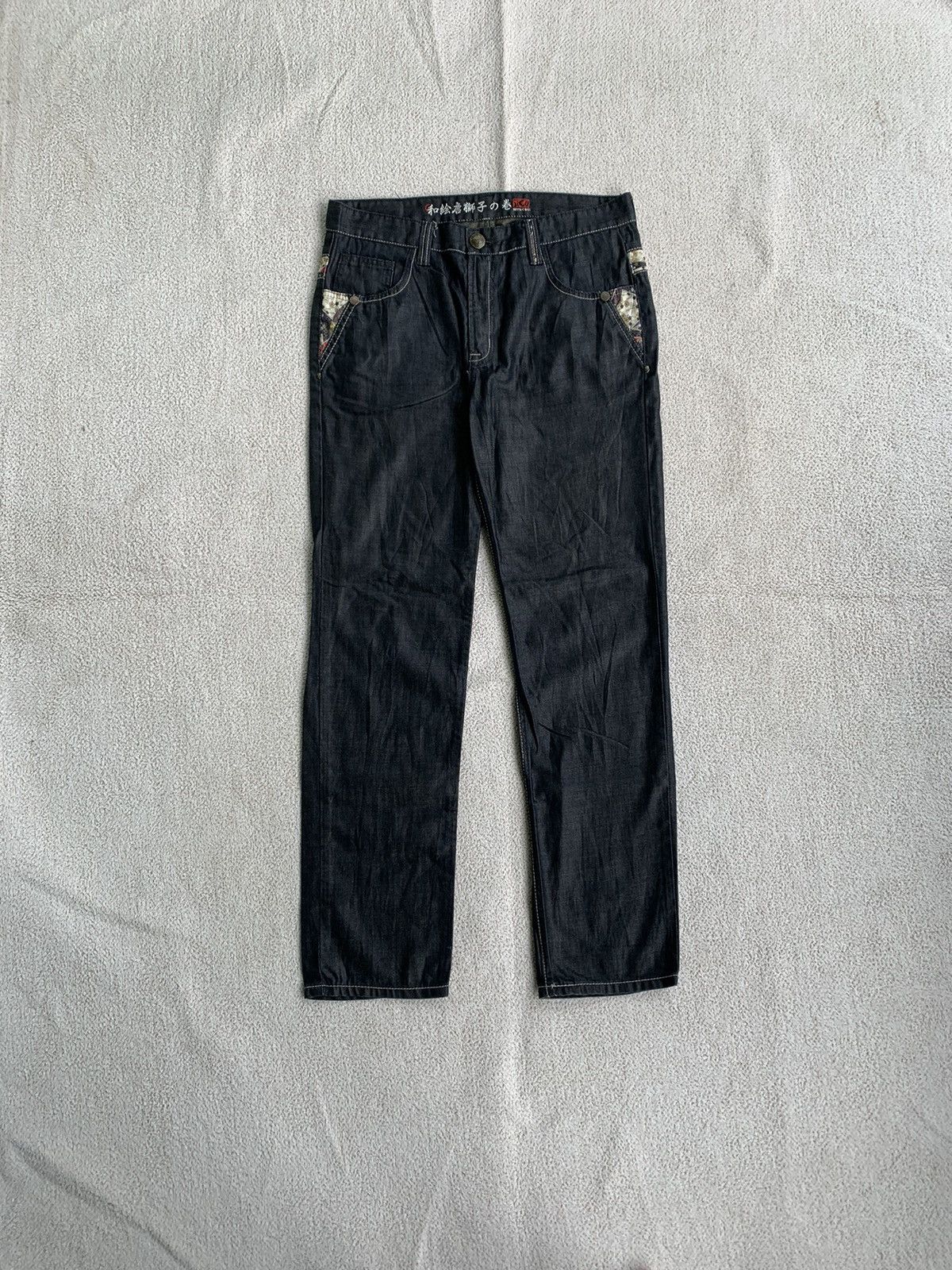 Japanese Brand × Vintage Vtg 00s japanese Zizo Bosatsu embroidered Art Denim Pants Size US 34 / EU 50 - 2 Thumbnail