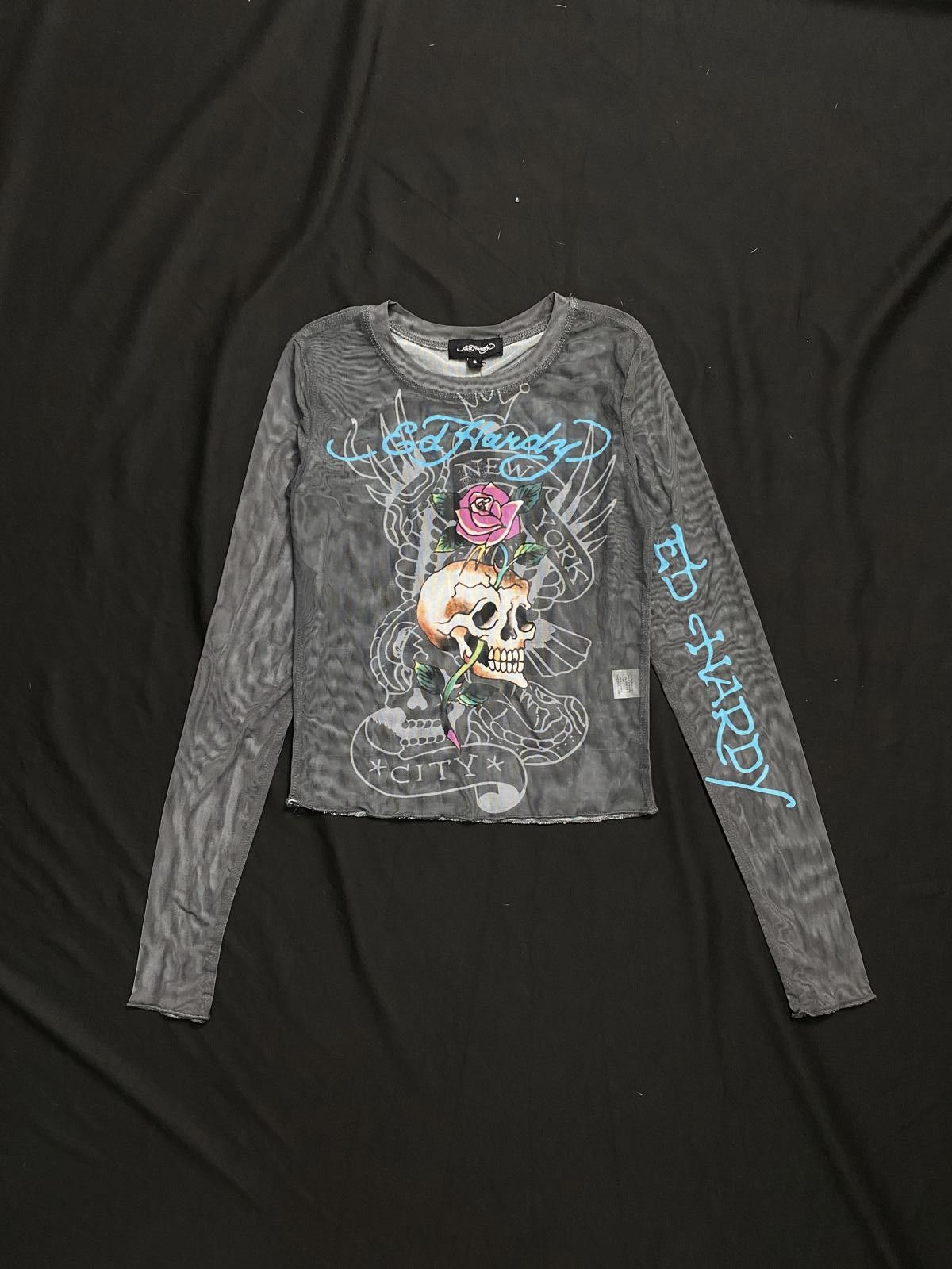 Deadstock Ed Hardy Mesh Rose Skull Long Sleeve Shirt Small