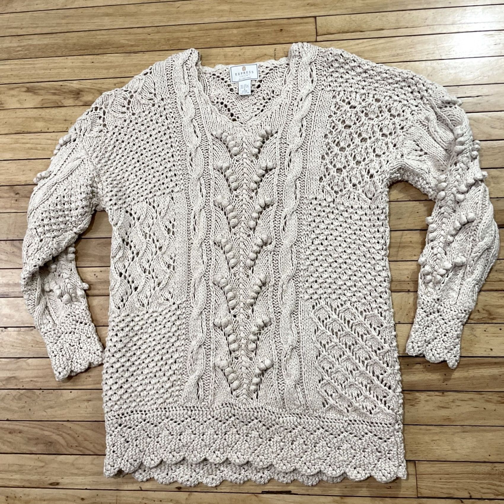 Express VINTAGE EXPRESS TRICOT Crochet Silk Tunic Sweater Dress Women M Cream Boho Hand Knit Shirt Size M / US 6-8 / IT 42-44 - 2 Thumbnail