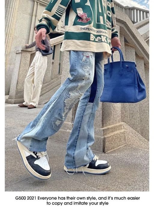 Japanese Brand Kanye West Hole Ripped Straight Baggy Men Flare Jeans ...